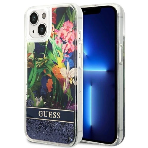 Etui Guess Flower Liquid Glitter na iPhone 14 Plus - niebieskie