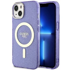 Etui Guess Glitter Gold MagSafe na iPhone 14 Plus - purpurowe