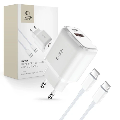 Ładowarka Tech-Protect C20W sieciowa USB-C PD 20W / USB-A QC 3.0 z kablem USB-C / USB-C - biała