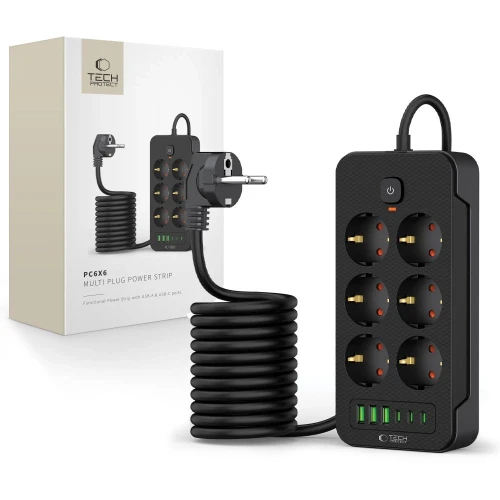 Listwa zasilająca Tech-Protect PC6X6 6 gniazd 240V + 3xUSB-A + 3xUSB-C 200cm - czarna