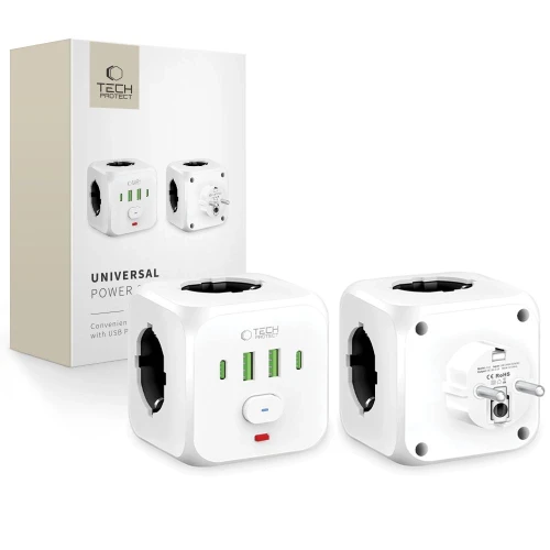 Listwa zasilająca Tech-Protect PCL3x4, 2x USB-A, 2x USB-C, 3x AC Typ Schuko - biała