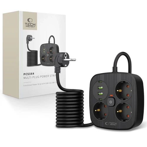 Listwa zasilająca Tech-Protect PCS3X4, 3 gniazda sieciowe, 2xUSB-A, 2xUSB-C 200 cm - czarna