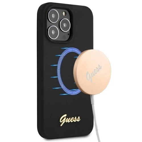 Etui Guess Silicone Script Gold Logo MagSafe na iPhone 13 Pro Max - czarne