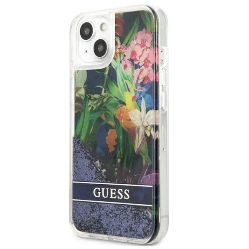 Etui Guess Flower Liquid Glitter na iPhone 13 mini - niebieskie