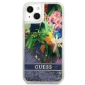 Etui Guess Flower Liquid Glitter na iPhone 13 mini - niebieskie
