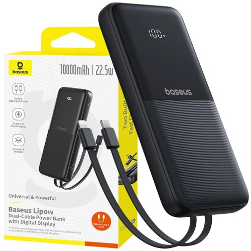  Powerbank Baseus Lipow 10000mAh 22.5W z wbudowanym kablem z wyświetlaczem - czarny