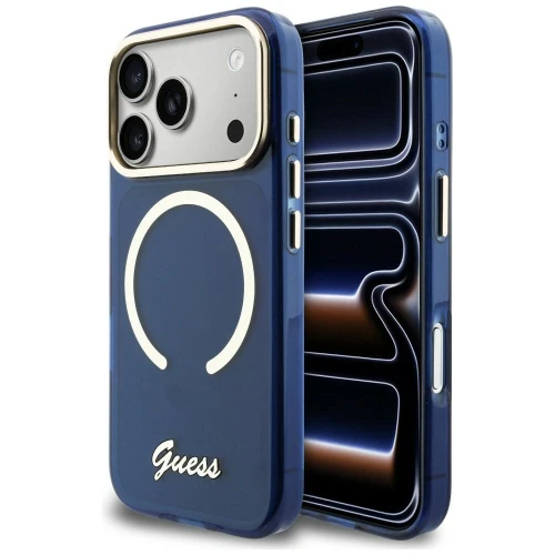 Etui Guess IML Script Metal MagSafe na iPhone 17 Pro - niebieskie
