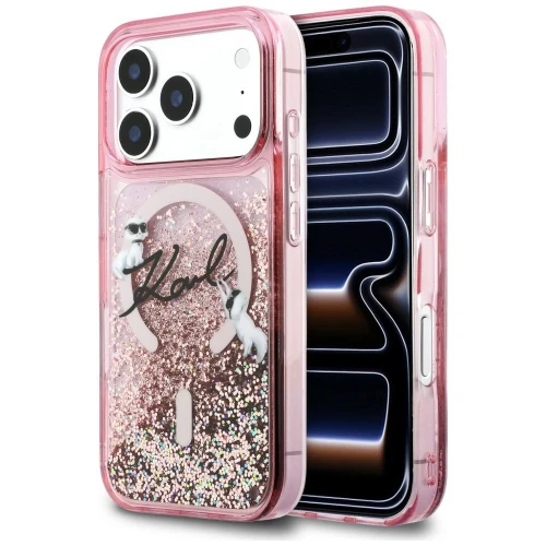 Etui Karl Lagerfeld Liquid Glitter Karl Script Logo MagSafe na iPhone 17 Pro - różowe
