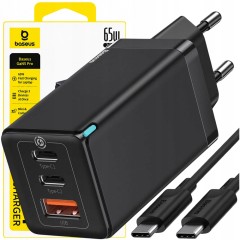 Szybka ładowarka sieciowa GaN 2xUSB C 1xUSB 65W Baseus GaN5 Pro + kabel USB C - USB C 100W - czarna