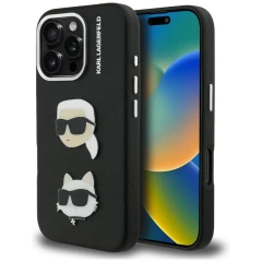 Etui Karl Lagerfeld FW Grained Karl & Choupette Heads Pins na iPhone 16 Pro - czarne