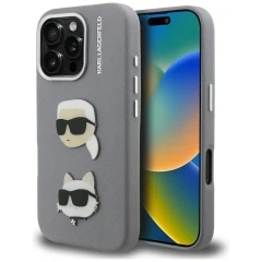 Etui Karl Lagerfeld FW Grained Karl & Choupette Heads Pins na iPhone 16 Pro - szare