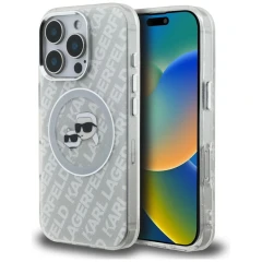 Etui Karl Lagerfeld IML Glitter Karl & Choupette Heads Logo MagSafe na iPhone 16 Pro - szare