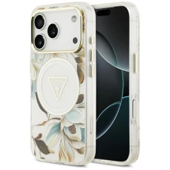 Etui Guess IML Glitter Flowers Triangle MagSafe na iPhone 17 Pro / 18 Pro - białe