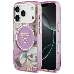 Etui Guess IML Glitter Flowers Triangle MagSafe na iPhone 17 Pro / 18 Pro - fioletowe
