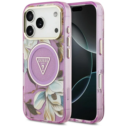 Etui Guess IML Glitter Flowers Triangle MagSafe na iPhone 17 Pro / 18 Pro - fioletowe
