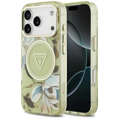 Etui Guess IML Glitter Flowers Triangle MagSafe na iPhone 17 Pro / 18 Pro - zielone