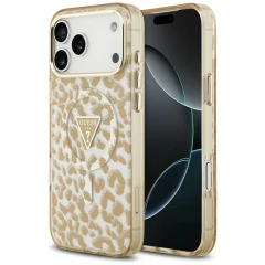 Etui Guess IML Leopard Glitter Triangle Logo MagSafe na iPhone 17 Pro / 18 Pro - brązowe