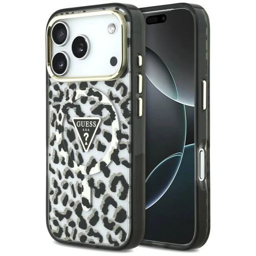 Etui Guess IML Leopard Glitter Triangle Logo MagSafe na iPhone 17 Pro / 18 Pro - czarne