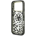 Etui Guess IML Leopard Glitter Triangle Logo MagSafe na iPhone 17 Pro / 18 Pro - czarne