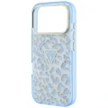 Etui Guess IML Leopard Glitter Triangle Logo MagSafe do iPhone 17 Pro / 18 Pro - niebieskie