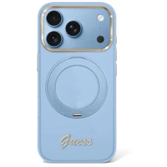Etui Guess IML Ring Stand 360 Script Metal Logo MagSafe na iPhone 17 Pro / 18 Pro - jasnoniebieskie