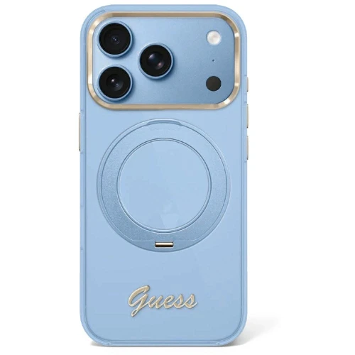 Etui Guess IML Ring Stand 360 Script Metal Logo MagSafe na iPhone 17 Pro / 18 Pro - jasnoniebieskie