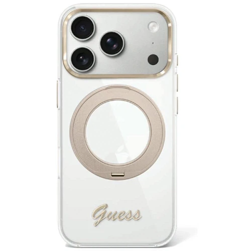 Etui Guess IML Ring Stand 360 Script Metal Logo MagSafe na iPhone 17 Pro / 18 Pro - przezroczyste