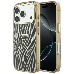 Etui Guess IML Zebra Glitter Triangle Logo MagSafe iPhone 17 Pro / 18 Pro - złote
