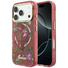 Etui Guess IML Glitter Blossom Roses na iPhone 17 Pro Max / 18 Pro Max - burgundowe