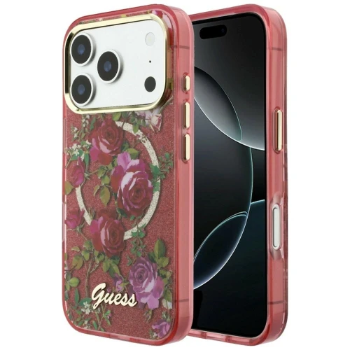 Etui Guess IML Glitter Blossom Roses na iPhone 17 Pro Max / 18 Pro Max - burgundowe