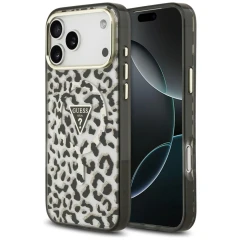 Etui Guess IML Leopard Glitter Triangle Logo MagSafe na iPhone 17 Pro Max / 18 Pro Max - czarne
