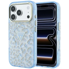 Etui Guess IML Leopard Glitter Triangle Logo MagSafe na iPhone 17 Pro Max / 18 Pro Max - niebieskie