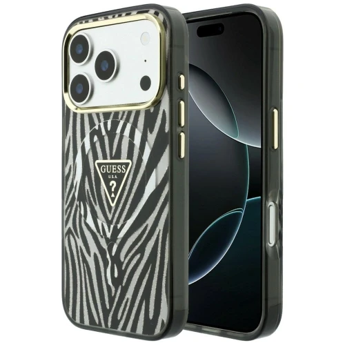 Etui Guess IML Zebra Glitter Triangle Logo MagSafe na iPhone 17 Pro Max / 18 Pro Max  - srebrne