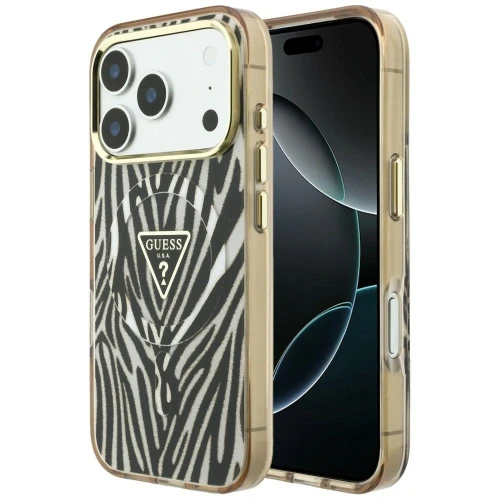 Etui Guess IML Zebra Glitter Triangle Logo MagSafe na iPhone 17 Pro Max / 18 Pro Max - złote