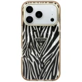 Etui Guess IML Zebra Glitter Triangle Logo MagSafe na iPhone 17 Pro Max / 18 Pro Max - złote