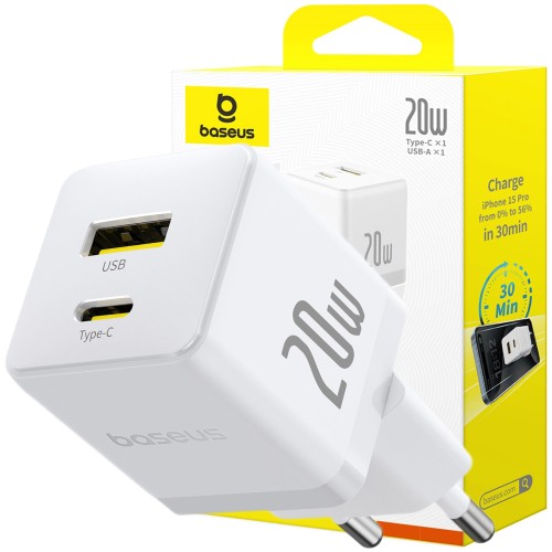 BASEUS SZYBKA ŁADOWARKA SIECIOWA USB-C USB-A 20W PD DO TELEFONU I TABLETU
