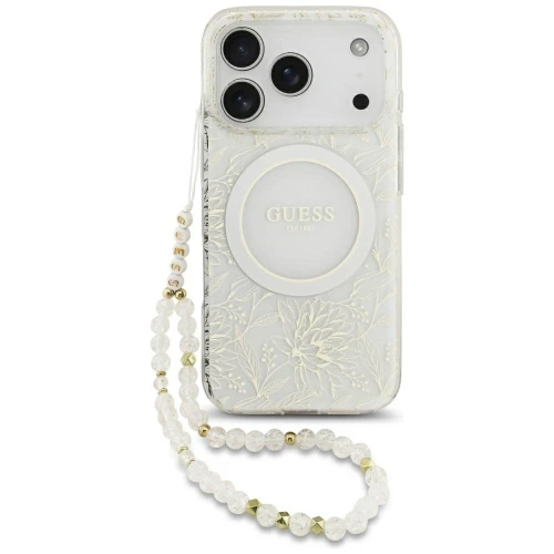 Etui Guess IML Flowers Allover Electroplated with Pearl Strap MagSafe na iPhone 18 Pro / 17 Pro - białe