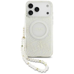 Etui Guess IML Flowers Allover Electroplated with Pearl Strap MagSafe na iPhone 18 Pro Max / 17 Pro Max - białe