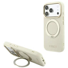 Etui Guess Ring Stand 360 Grained Classic Logo MagSafe na iPhone 18 Pro Max / 17 Pro Max - beżowe