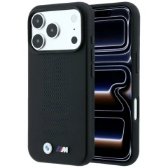 Etui BMW M Blue Perfo Metal Logo MagSafe na iPhone 18 Pro / 17 Pro - czarne