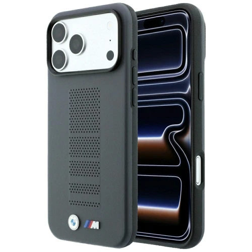 Etui BMW M Blue Perfo Metal Logo MagSafe na iPhone 18 Pro / 17 Pro - szare