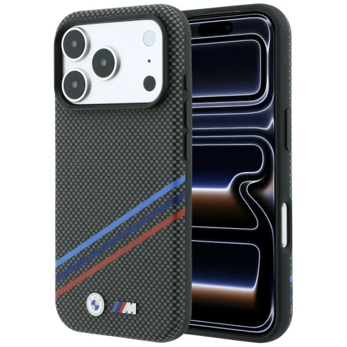 Etui BMW M Quadrille Kevlar Print Tricolor Lines & Metal Logo MagSafe na iPhone 18 Pro / 17 Pro - ciemnoszare