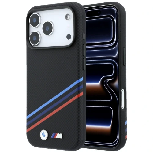 Etui BMW M Quadrille Kevlar Print Tricolor Lines & Metal Logo MagSafe na iPhone 18 Pro / 17 Pro - czarne
