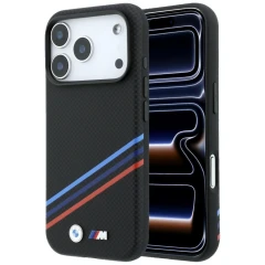 Etui BMW M Quadrille Kevlar Print Tricolor Lines & Metal Logo MagSafe na iPhone 18 Pro Max / 17 Pro Max - czarne