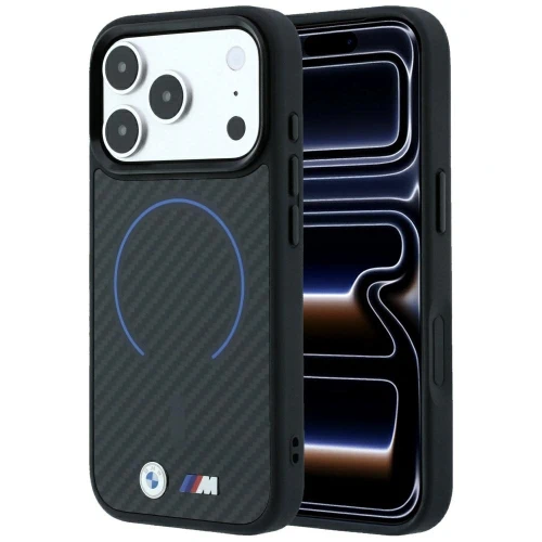 Etui BMW M Kevlar Blue Print Ring Metal  Logo MagSafe na iPhone 18 Pro Max / 17 Pro Max - czarne