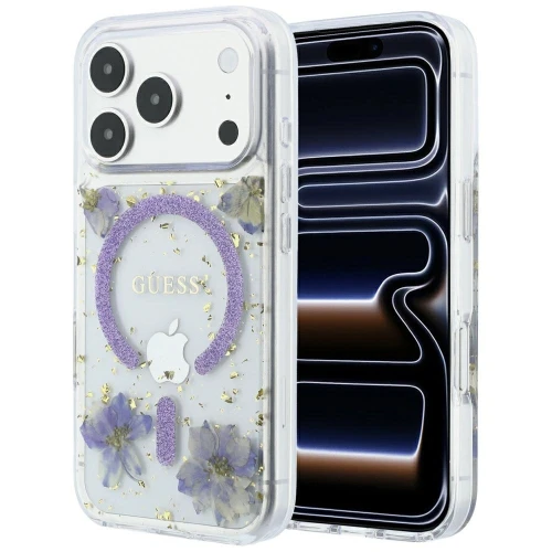 Etui Guess Resin Flowers Glitter MagSafe na iPhone 18 Pro Max / 17 Pro Max - fioletowe