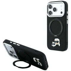 Etui Karl Lagerfeld with Ring Stand 360 Karl & Choupette Heads Pin MagSafe na iPhone 18 Pro Max / 17 Pro Max - czarne
