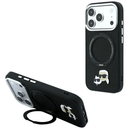 Etui Karl Lagerfeld with Ring Stand 360 Karl & Choupette Heads Pin MagSafe na iPhone 18 Pro Max / 17 Pro Max - czarne