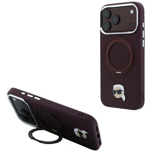 Etui Karl Lagerfeld with Ring Stand 360 Karl Head Pin MagSafe na iPhone 18 Pro Max / 17 Pro Max - burgundowe