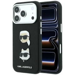 Etui Karl Lagerfeld Saffiano with Karl & Choupette Heads Pins & Logo na iPhone 18 Pro / 17 Pro - czarne